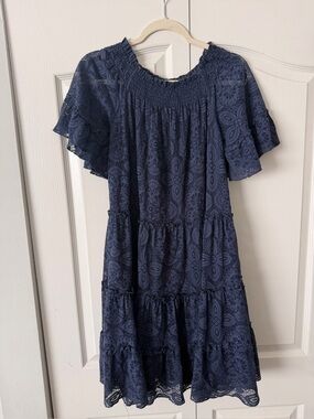Vintage Tempo Paris Navy Lace Tiered Midi Dress